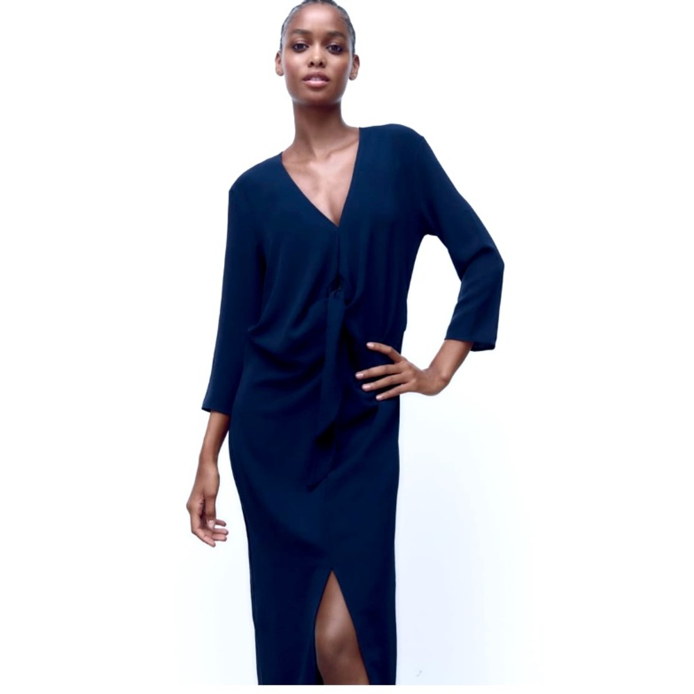Zara fluid knotted midi dress navy blue size large